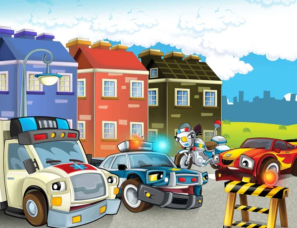 Cartoon Scène Met Politie Achtervolging Motor Auto Rijden Door Stad — Stockfoto