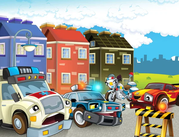 Cartoon Szene Mit Polizei Jagt Motorrad Und Auto Durch Die — Stockfoto