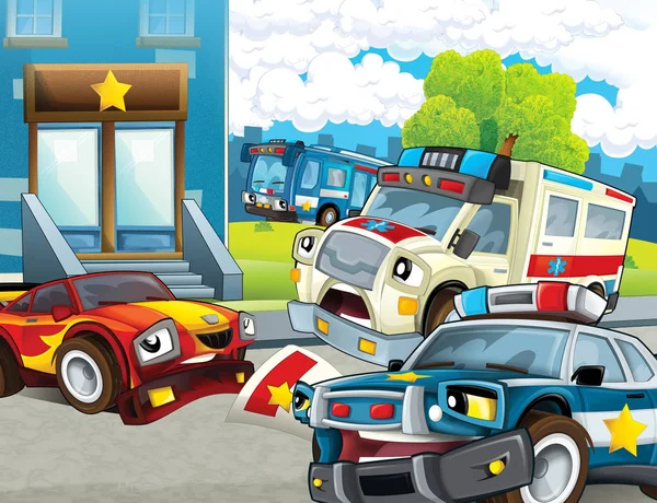 Scena Del Cartone Animato Con Polizia Inseguire Auto Moto Autobus — Foto Stock