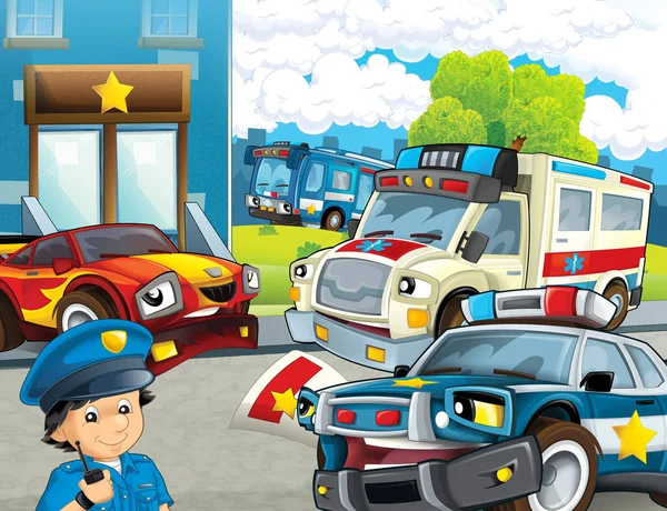 Escena Dibujos Animados Con Persecución Policial Coche Motocicleta Autobús Que — Foto de Stock