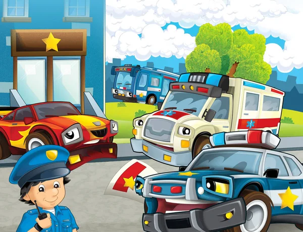 cartoon scene with police chase motorcycle car and bus driving through the city policeman near police station and ambulance - illustration for children