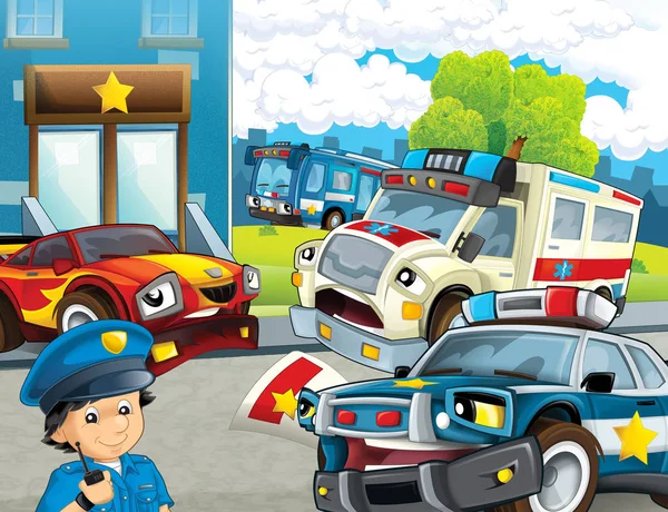 Γελοιογραφία Σκηνή Την Αστυνομία Αυλάκωμα Μοτοσικλέτα Αυτοκίνητο Και Λεωφορείο Οδήγηση — Φωτογραφία Αρχείου