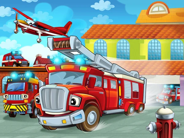 Desenho Animado Caminhão Bombeiros Dirigindo Para Fora Quartel Bombeiros Ação — Fotografia de Stock