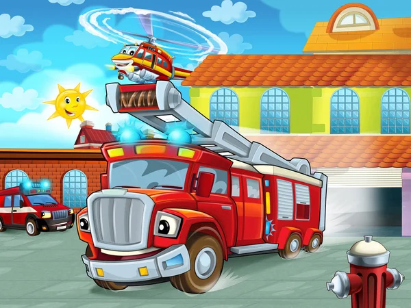 漫画アクション 異なる消防車 イラスト子供のために消防署から運転の消防車 — ストック写真
