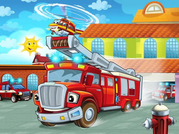 Karikatura Firetruck Jízdy Požární Stanice Akce Různé Požární Vozidla Ilustrace — Stock fotografie