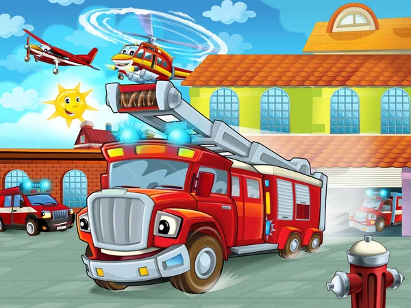 Cartoon Feuerwehrauto Fährt Aus Feuerwehrhaus Zum Einsatz Verschiedene Feuerwehrfahrzeuge Illustration — Stockfoto