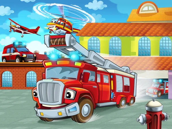 Karikatura Firetruck Jízdy Požární Stanice Akce Různé Požární Vozidla Ilustrace — Stock fotografie