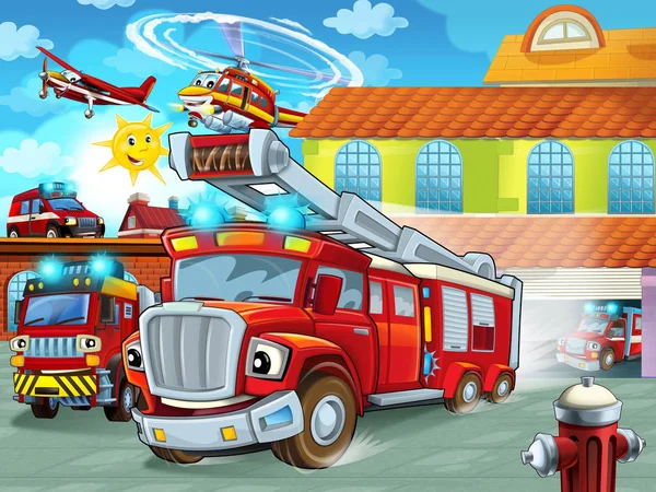 Cartoon Feuerwehrauto Fährt Aus Feuerwehrhaus Zum Einsatz Verschiedene Feuerwehrfahrzeuge Illustration — Stockfoto