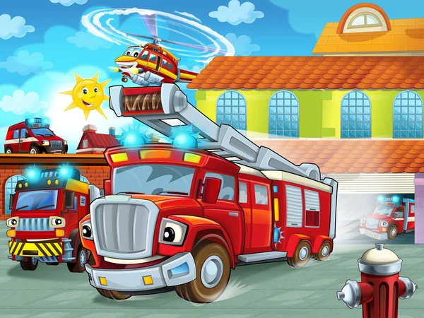 Мультфильм Пожарная Машина Выезжает Пожарной Станции Действие Различные Пожарные Автомобили — стоковое фото