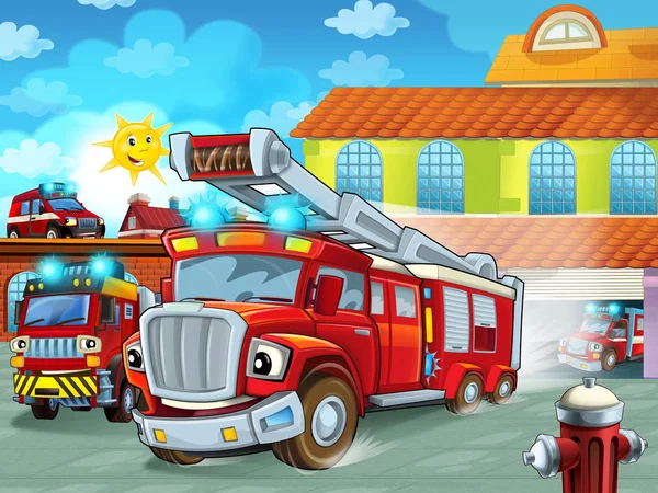 Kreskówka Wóz Strażacki Jazdy Straży Pożarnej Akcji Strażak Różnych Pojazdów — Zdjęcie stockowe