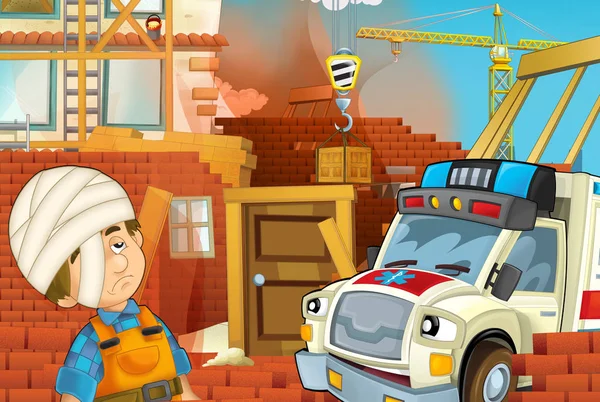 Cartoon Illustration Ambulance Truck Work Helping Accident Construction Site Illustration — Stock Photo, Image