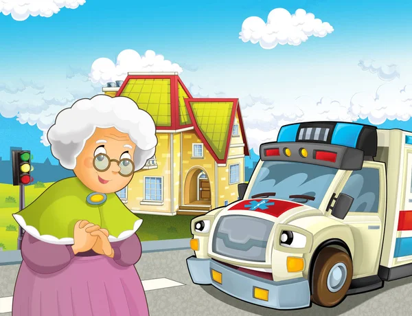 cartoon scene with older lady not feeling well and ambulance coming to help - illustration for children