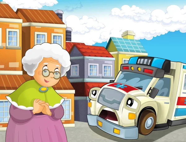 cartoon scene with older lady not feeling well and ambulance coming to help - illustration for children