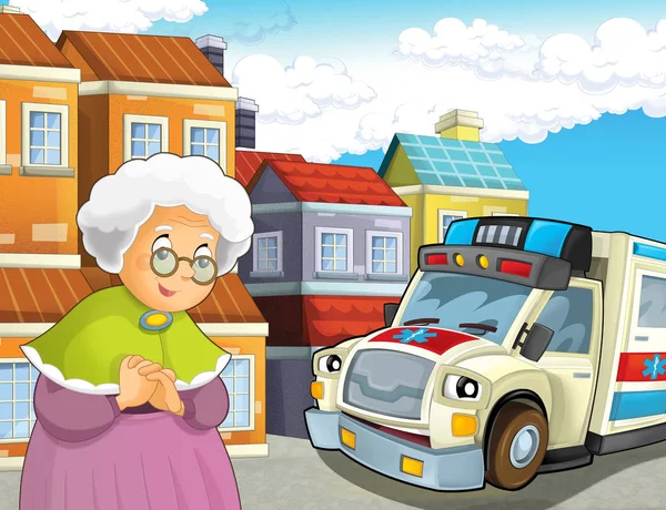 卡通场景与老太太感觉不舒服和救护车来帮助 为孩子的例证 — 图库照片