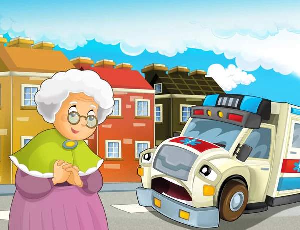 cartoon scene with older lady not feeling well and ambulance coming to help - illustration for children