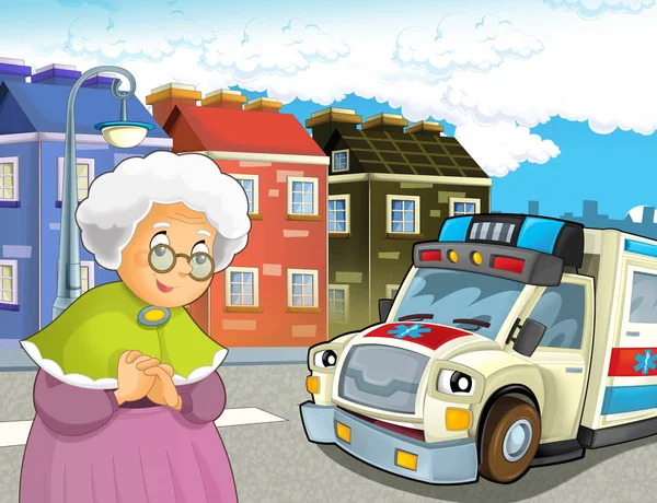 卡通场景与老太太感觉不舒服和救护车来帮助 为孩子的例证 — 图库照片