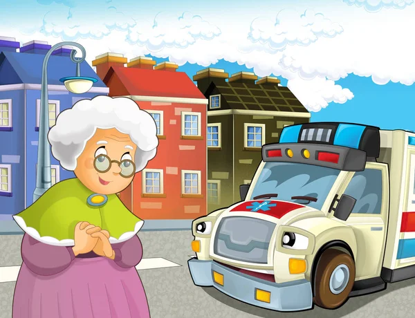 cartoon scene with older lady not feeling well and ambulance coming to help - illustration for children