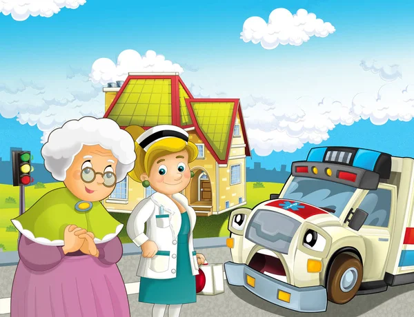 Cartoon Scene Older Lady Feeling Well Ambulance Doctor Coming Help — Stock Photo, Image