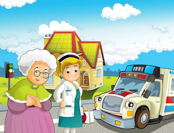 Escena Dibujos Animados Con Señora Mayor Siente Bien Ambulancia Médico —  Fotos de Stock
