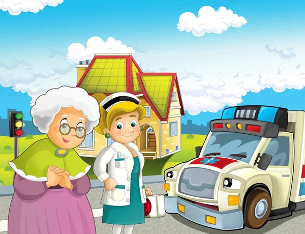 Cartoon Scene Older Lady Feeling Well Ambulance Doctor Coming Help — Stock Photo, Image