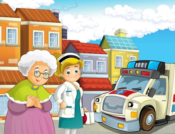 卡通场景与老太太感觉不舒服和救护车和医生来帮助 为孩子例证 — 图库照片