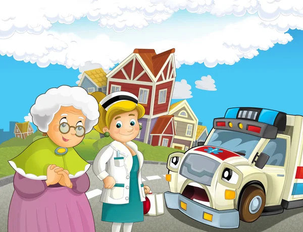 Escena Dibujos Animados Con Señora Mayor Siente Bien Ambulancia Médico —  Fotos de Stock