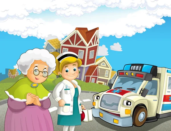 cartoon scene with older lady not feeling well and ambulance and doctor coming to help - illustration for children