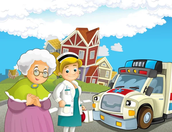 cartoon scene with older lady not feeling well and ambulance and doctor coming to help - illustration for children