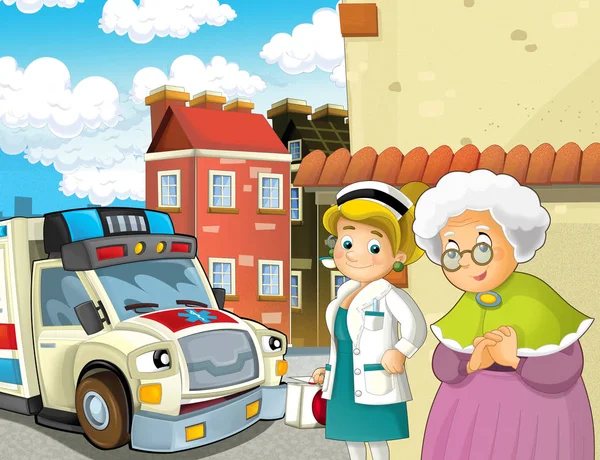 Γελοιογραφία Σκηνή Την Ηλικιωμένη Κυρία Δεν Αισθάνεται Καλά Και Ασθενοφόρο — Φωτογραφία Αρχείου
