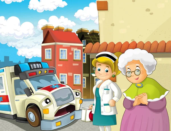 Cartoon Scene Older Lady Feeling Well Ambulance Doctor Coming Help — Stock Photo, Image