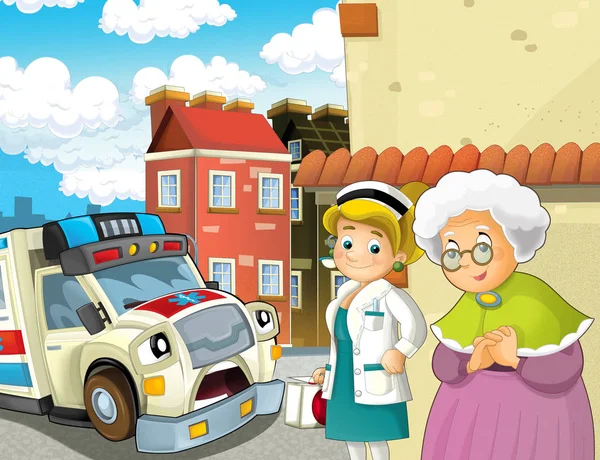 Cartoon Scene Older Lady Feeling Well Ambulance Doctor Coming Help — Stock Photo, Image