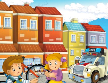 Bisiklet kazası ve ambulans yardımcı olmak için - illüstrasyon çocuklar için geliyor sonra çocuklarla çizgi film sahne