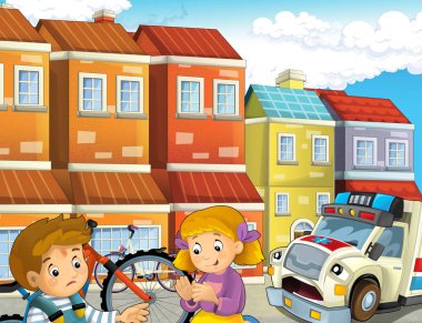 Bisiklet kazası ve ambulans yardımcı olmak için - illüstrasyon çocuklar için geliyor sonra çocuklarla çizgi film sahne