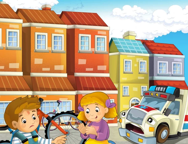 Cartoon Scen Med Barnen Efter Cykel Olycka Och Ambulans Kommer — Stockfoto