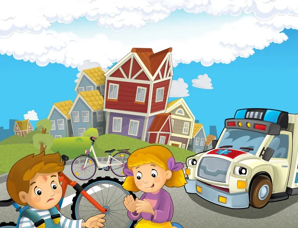 Cartoon Scène Met Kinderen Een Fiets Ongeluk Ambulance Komen Helpen — Stockfoto