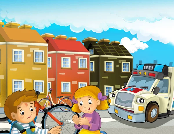 Cartoon Szene Mit Kindern Nach Fahrradunfall Und Krankenwagen Kommt Hilfe — Stockfoto