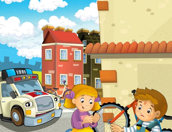 Cartoon Scen Med Barnen Efter Cykel Olycka Och Ambulans Kommer — Stockfoto