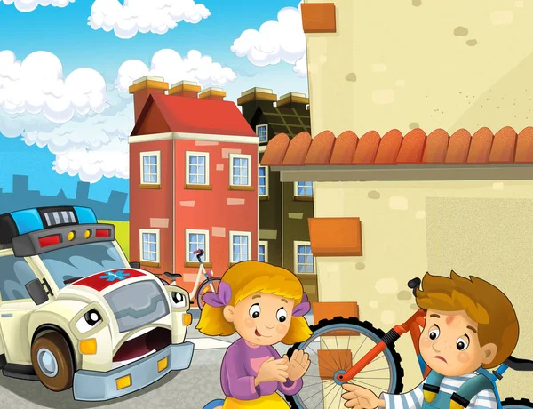 Cartoon Szene Mit Kindern Nach Fahrradunfall Und Krankenwagen Kommt Hilfe — Stockfoto