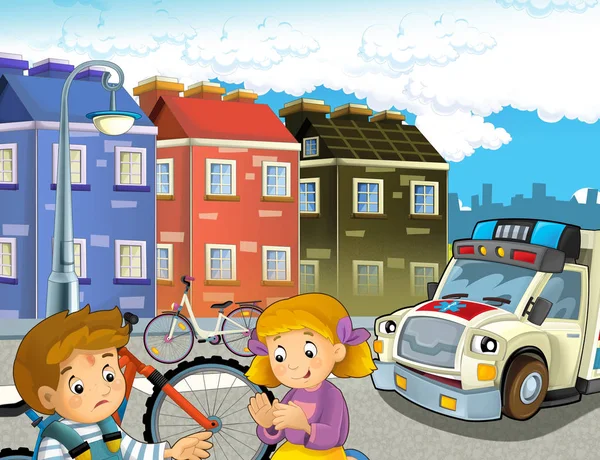 Cartoon Scen Med Barnen Efter Cykel Olycka Och Ambulans Kommer — Stockfoto