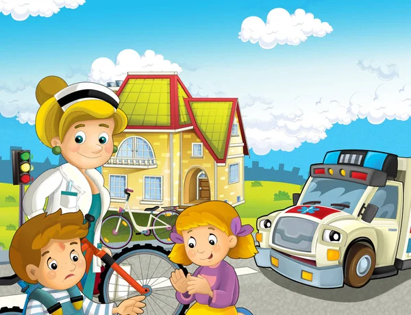 Cartoon Scène Met Kinderen Fiets Ongevallen Ambulance Dokter Komt Naar — Stockfoto