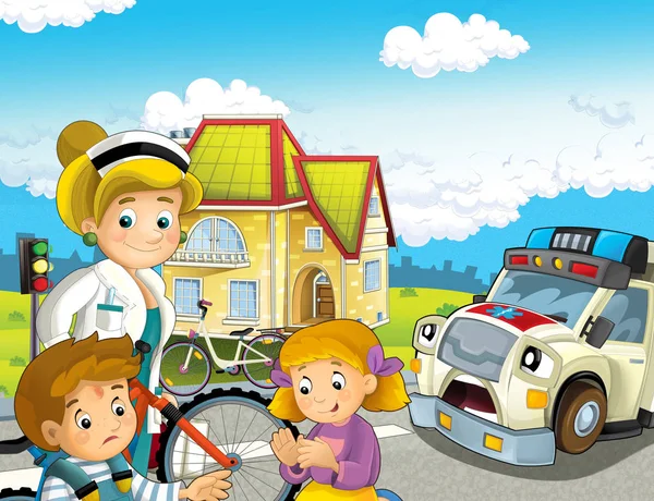 Cartoon Scene Kids Bicycle Accident Ambulance Doctor Coming Help Illustration — Stock Photo, Image