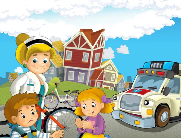 Escena Dibujos Animados Con Los Niños Después Accidente Bicicleta Ambulancia —  Fotos de Stock