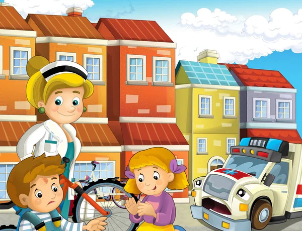 Cena Dos Desenhos Animados Com Crianças Após Acidente Bicicleta Ambulância — Fotografia de Stock