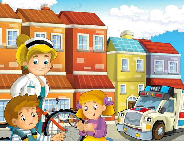 Cartoon Scene Kids Bicycle Accident Ambulance Doctor Coming Help Illustration — Stock Photo, Image