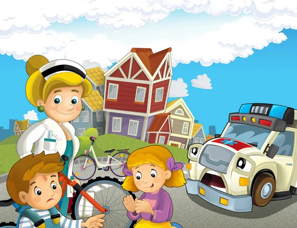 Cartoon Scene Kids Bicycle Accident Ambulance Doctor Coming Help Illustration — Stock Photo, Image