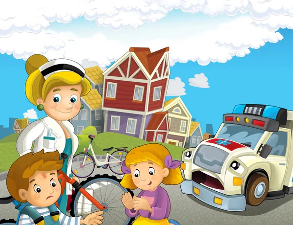 자전거 사고와 구급차와 어린이 그림을 — 스톡 사진