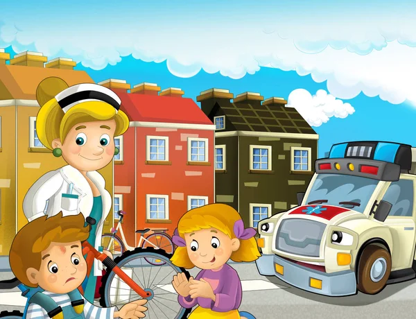 Scène Dessin Animé Avec Des Enfants Après Accident Vélo Ambulance — Photo