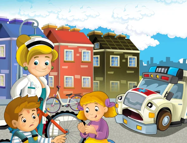 Tecknad Scen Med Barn Efter Cykelolycka Och Ambulans Och Läkare — Stockfoto