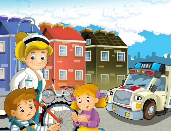 Scène Dessin Animé Avec Des Enfants Après Accident Vélo Ambulance — Photo