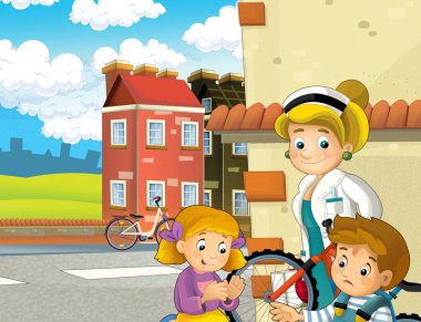 doktor ile bisiklet kazası sonrası çocuk çifti ile karikatür sahne - çocuklar için illüstrasyon